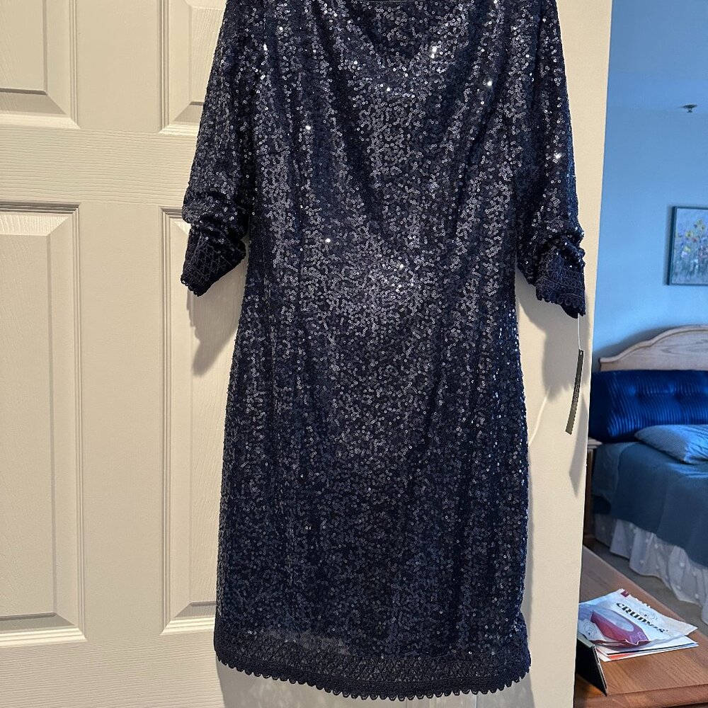 3/4 ruched sleeve sequin with lace trim dress
